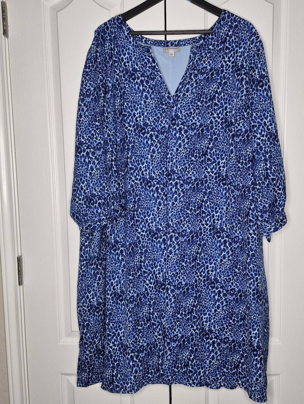 Catherines Dress Womens 3X Blue Leopard Print A-Line Tie Sleeve With Pockets